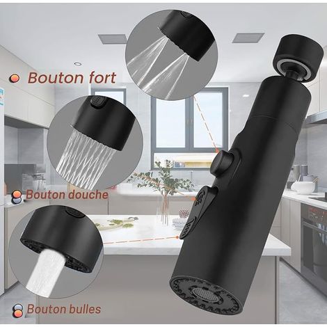 Aérateur de Robinet, 360° Pivotant Embout Robinet Cuisine avec 3 Modes Douchette Mousseur Robinet Economie Eau, Adaptateur Economiseur D'eau Pour Robinet Salle De Bain lavabo (Noir) (1/4)