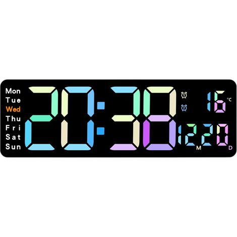 Horloge murale numérique grand format, 33 cm (13 pouces), avec télécommande, variateur de luminosité automatique, veilleuse, heure d'été automatique, date, jour de la semaine et température. (1/5)