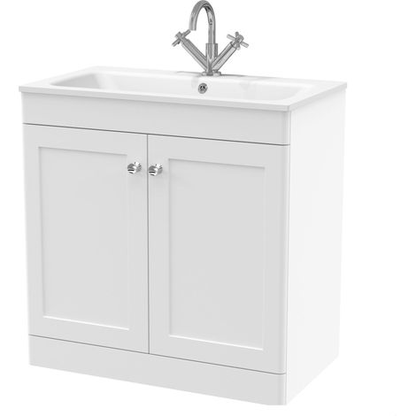 Swynnerton Traditional 2 Door Floor Standing Vanity Unit with Stone Basin, Satin White, 800mm