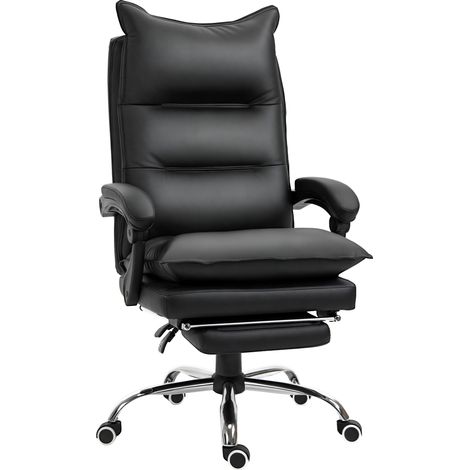 Sillón ejecutivo Irovami en polipiel negra, giratorio y regulable en altura, con respaldo alto que se reclina hasta 155° y reposapiés