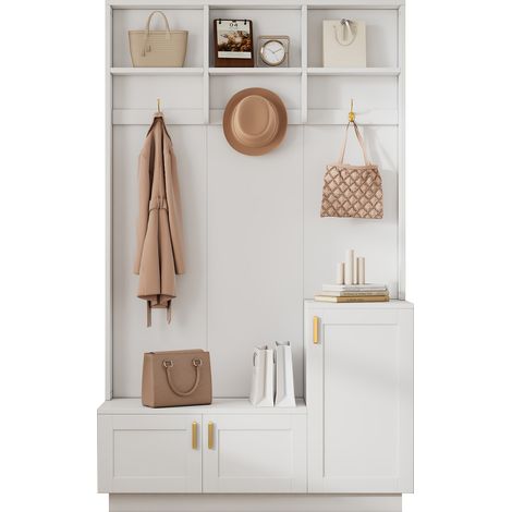 Ensemble vestiaire avec banc et range-chaussures, banc de rangement multifonction avec 3 crochets suspendus et espace de rangement ouvert, meuble de rangement rectangulaire avec étagères pour l’entrée (1/5)