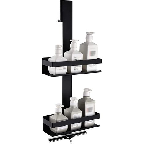 Étagère de rangement suspendue à double niveau pour toilettes, étagère de rangement de douche en acier inoxydable 304, design innovant avec porte en verre sans cadre ni perçage, rangement pratique pou (1/5)
