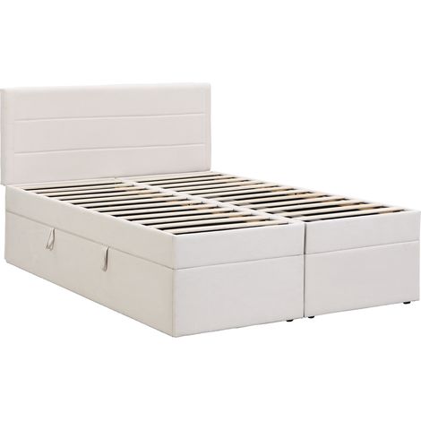 Cama tapizada 140 x 200 cm con arcón de almacenamiento y somier de láminas metálicas beige HOMVRA (1/5)