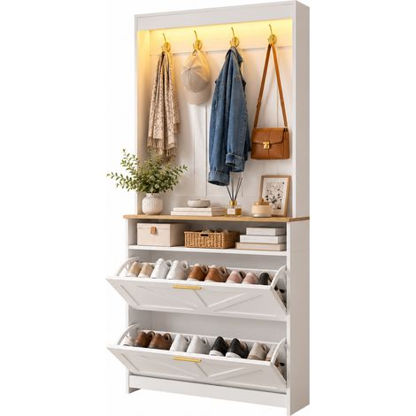 FurnitureR Meuble à chaussures blanc et bois naturel, 2 abattants, séparateurs réglables, crochets, LED, profondeur 24 cm (1/5)