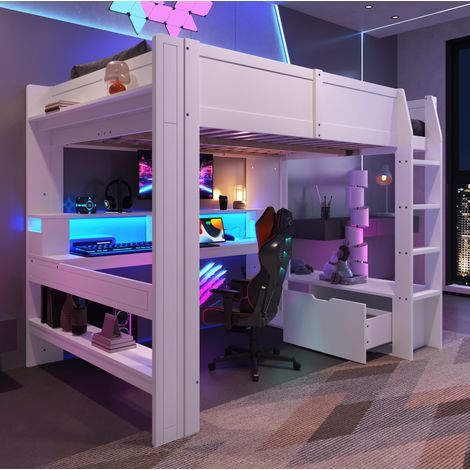 Lit mezzanine 140/200 cm blanc en pin avec bureau, rangements et éclairage à 16 couleurs (1/5)