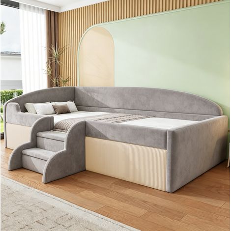 MODFU – Cama infantil 90x190 cm de terciopelo gris con escalones antideslizantes, barandillas y somier de láminas, carga 200 kg – Gris (1/5)