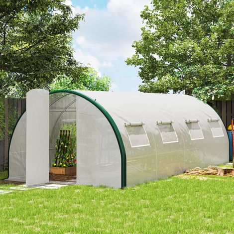 Serre tunnel de jardin 18m avec portes et 8 fenêtres bâche pe 140g m 600 x 300 x 200 cm blanc (1/5)