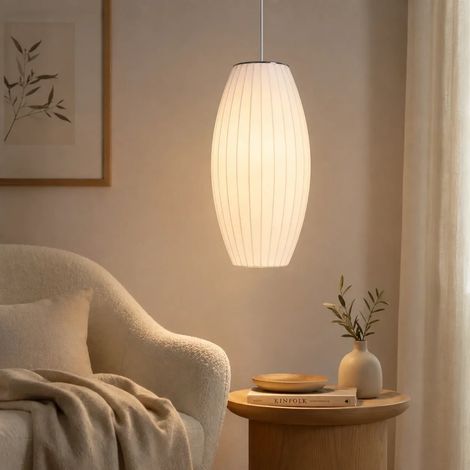 JOYINLED Weiße Pendelleuchte aus Seide, moderne Deckenleuchte, 50 cm (H) x 25 cm (Ø), 150 cm verstellbares Kabel, sanfte Ambiente-Beleuchtung für Kücheninseln, Esszimmer und Schlafzimmer. (1/5)