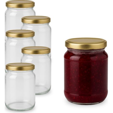 6 Barattoli in vetro da 500 ml con tappo dorato twist off ermetico, ideale per conserve, marmellate e miele (1/5)