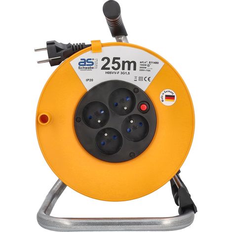 as - Schwabe Avvolgicavo 25 m, avvolgicavo con 4 prese di corrente incorporate BF e spina a contatto di protezione, avvolgicavo 230 V/16 A, IP20, arancione, 811480 (1/5)
