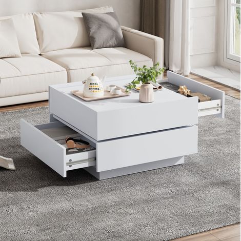Table basse en panneaux de particules 60 x 60 x 38 cm blanche, pivotante à 360°, avec 2 tiroirs et bords relevés (1/5)