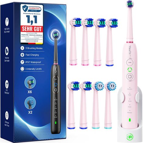 Electric Toothbrush for Adults and Kids with 3 Intensities, 5 Modes, 8 Brushes (2 Types), IPX7 Waterproof, Travel Electric Toothbrush, Candy Pink (1/5)