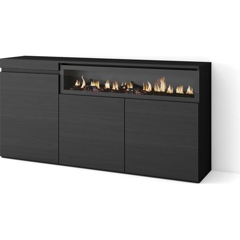Buffet Salon et Cuisine Meuble de Rangement, Commode 150x75x35cm 3 Portes Cheminée électrique Style Moderne Noir (1/5)