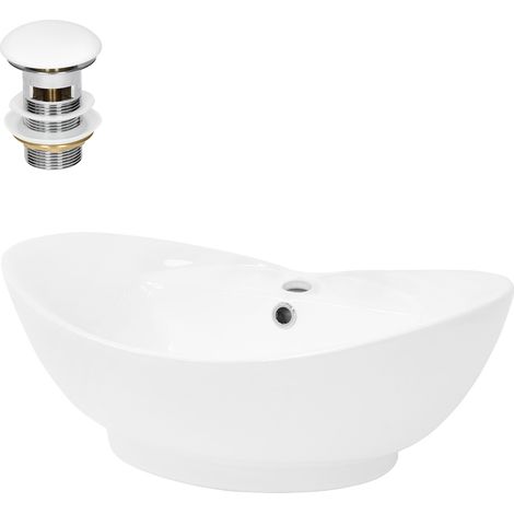 ML-Design Lavabo in Ceramica Bianco Lucido 59 x 20,5 x 39,5 cm Lavandino da Appoggio Ovale Design Moderno Lavamani Bacinella Sanitari Arredo da Bagno Toilette Casa Lavello incl. Piletta e Troppopieno