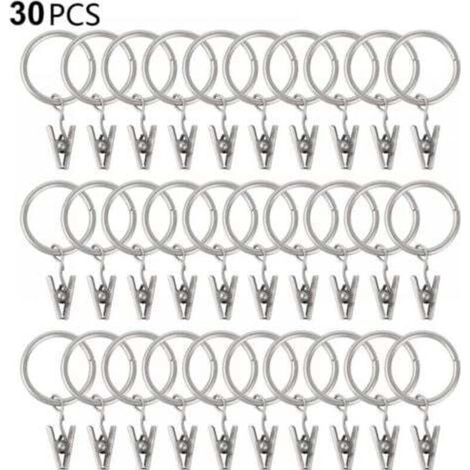 [JAMAIS UTILISÉ] Lot de 30 anneaux de rideaux avec clips, solides, crochets sur supports de tringle, œillets métalliques de diamètre intérieur, pour rideaux décoratifs, cadres de fenêtre, argent,30mm (1/4)