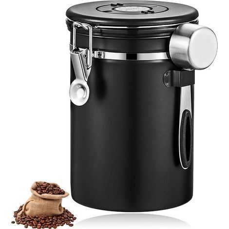 Longziming - Boîte à café hermétique en acier inoxydable - Boîte à café sous vide de 1,2 L - Avec cuillère et indicateur de durée de conservation - Pour café en grains, thé, noix, cacao - Se conserve (1/5)