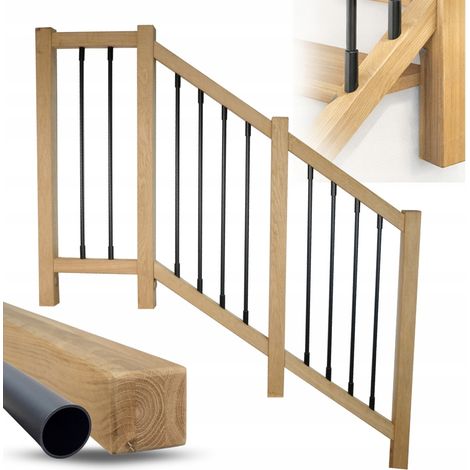Garde-corps escalier bois chêne massif avec tubes noirs, rambarde à fixation latérale