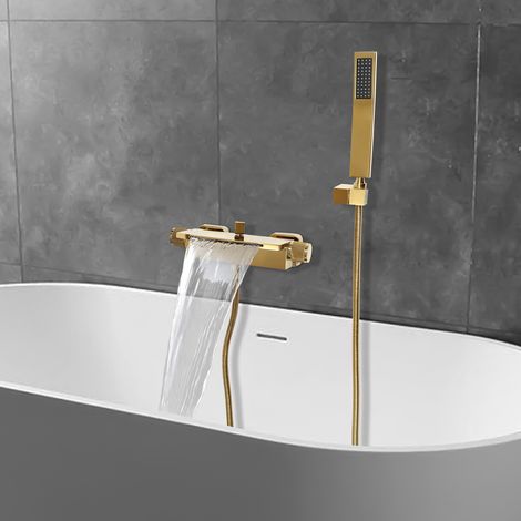 Mitigeur de baignoire mural doré - Douchette à main - Cascade - Laiton - Robinet bain 1/2" - 2 commandes - Pour salle de bain