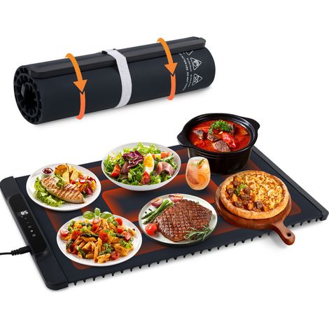 Randaco Tapis chauffant pour aliments Chauffe Plat Electrique en Silicone Enroulable et Portable 240W 65x38cm, Tapis Chauffant Alimentaire avec 6 Reglages de Temperature-Gris foncé (1/3)