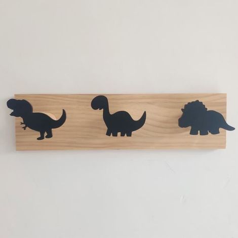 Patère - Enfants - Dinosaure - Bois - Noir - 3 Crochets pour Chambre de Garçon (1/4)