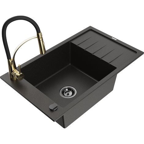 Mexen Elias lavello in granito a 1 vasca con scolapiatti e rubinetto da cucina Aster, nero/oro metallizzato - 6511-75-73450-57-B (1/5)
