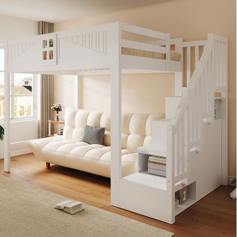 Lit mezzanine 140 x 200 cm avec escalier de rangement réversible, blanc DESVIAE (1/5)
