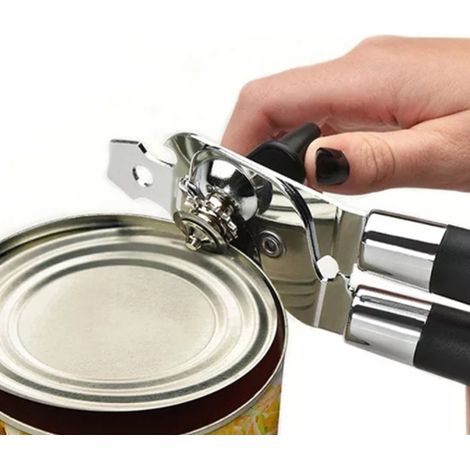 Ouvre-boîte multifonction en acier inoxydable avec poignée renforcée en plastique noir, décapsuleur inclus, lot de 1, boîte de rangement (1/5)