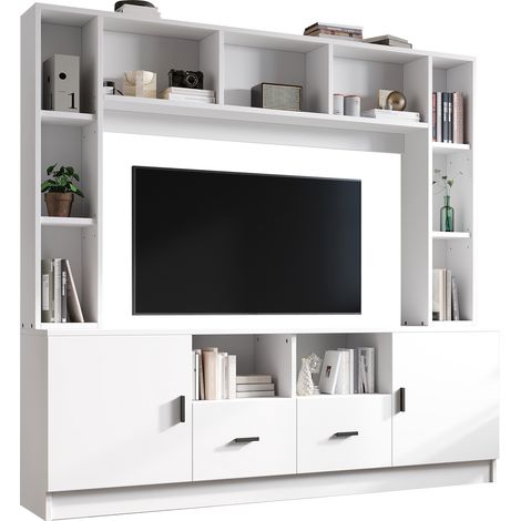 Mobile TV 180x35x170 cm con 2 Mobili e Vetrina, 11 Vani e Mensole, in Bianco, Ttruciolare, per TV fino a 60", per Soggiorno (1/5)