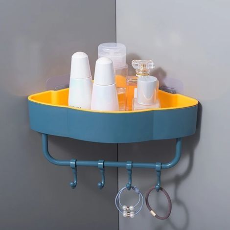 Étagère d'angle murale en plastique Étagère de rangement triangulaire sans poinçon avec crochets Étagère de rangement pour shampooing et gel douche Étagères de salle de bain Vert (1/2)