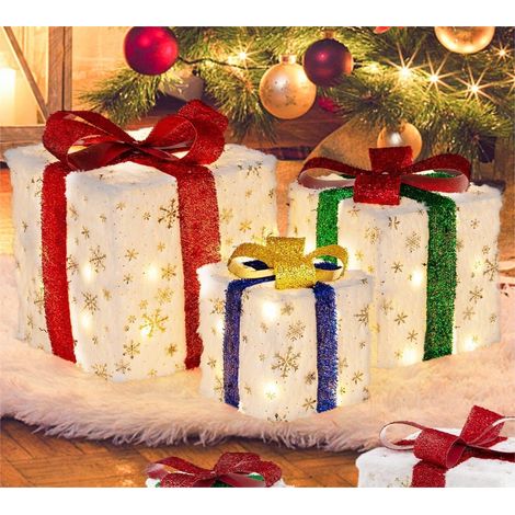 COSTWAY Conjunto de 3 Cajas de Regalo Iluminadas, Decoración de Navidad Preiluminada con 48 LED Blancas Cálidas, Cajas de Regalo de Peluche Iluminadas de Navidad (Multicolor 48 LED) (1/5)