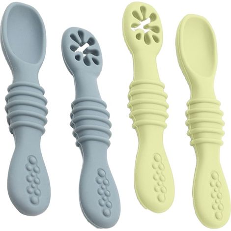 Lot de 2 cuillères d'apprentissage adhésives en silicone pour enfants - Gris bleu + Cyan (1/5)