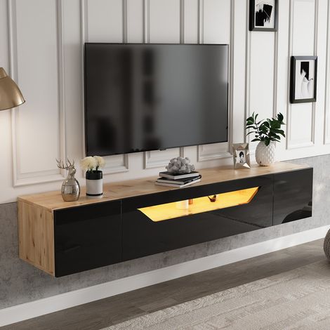 Meuble TV noir brillant 180x37x36cm avec lumières LED et 4 espaces de rangement, fixation murale/suspension, pour TV 75'' (1/5)