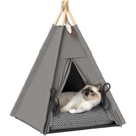 Tente tipi pour animaux de compagnie, couchage pour animaux en forme de tipi, tente pour chat avec coussin, couchage pour chien, couchage pour chat, gris