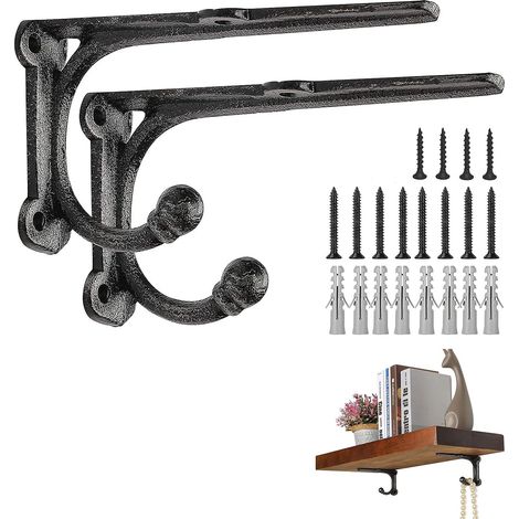 Paire de Supports Étagère Murale en Fonte Avec Crochets, Robuste Équerre Murale, Équerre Étagère Rustiques 15 8.5cm (1/5)