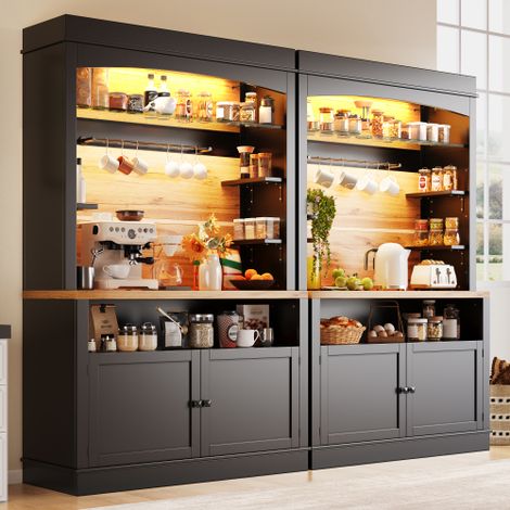 Buffet haut de cuisine 2 unités 107x43x184cm MDF noir avec éclairage LED pilotable par app rangement multi-compartiments barre à crochets anti-bascule charge 60kg vaisselle appareils électroménagers (1/5)