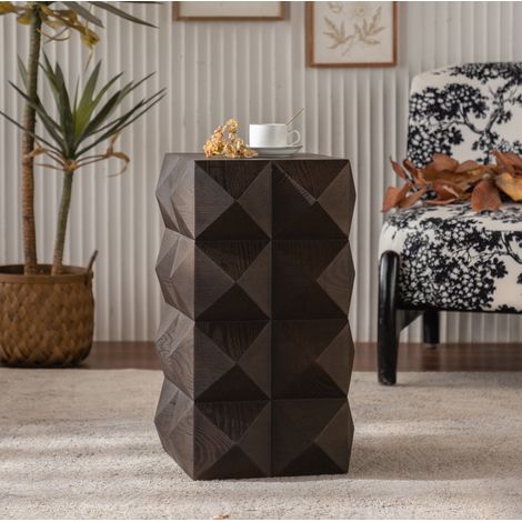Mesa baja 37x37x60 cm, motivo relieve 3D, en madera maciza y MDF, marrón (1/5)