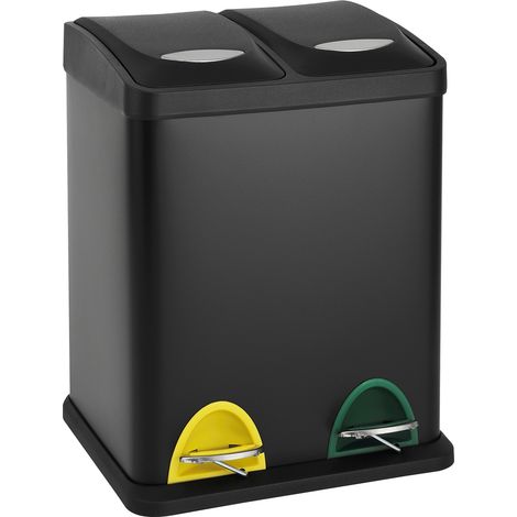 Svita – Poubelle à pédale 16L – Système de tri 2 compartiments 8L – Acier noir avec couvercles séparés – Pédales antidérapantes