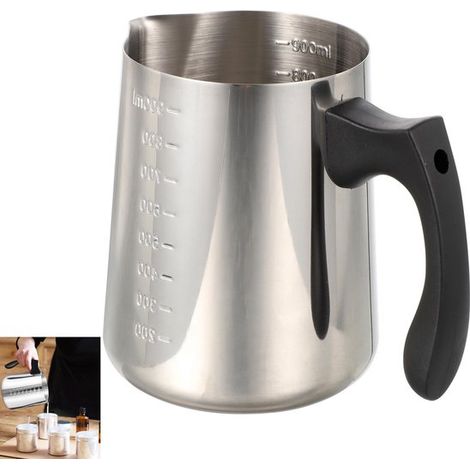 Brocca per montare il latte in acciaio inox da 1000 ml, brocca per versare candele in acciaio inox, pentolino per sciogliere candele in acciaio inox, scaldacandele con cucchiaio per sciogliere il cioc (1/5)