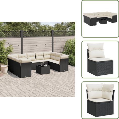 10-tlg. Garten-Sofagarnitur mit Kissen Schwarz Poly Rattan - Gartensortiment - Gartenmöbelset - Outdoor Möbel - Lounge Set - Rattan Gartenmöbel