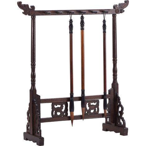 12 Porte-pinceau de Calligraphie Cintre de Brosse de Sculpture sur Bois Étagère de Support de Calligraphie Porte-brosse Chinois avec 3 Pinceaux (1/5)