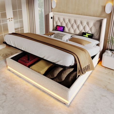 Lit coffre 160x200 cm beige coton USB LED HAVRYA (1/5)