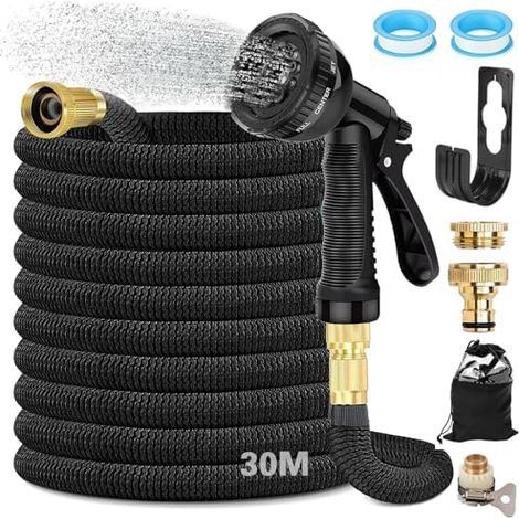 Tuyau Arrosage Extensible 30 m, D'arrosage Flexible Avec Raccord en Laiton 3/4' et 1/2', Tête de Pulvérisation avec 8 Fonctions, Sac Rangement, pour Jardin, Camping-Car Noir - M (1/5)