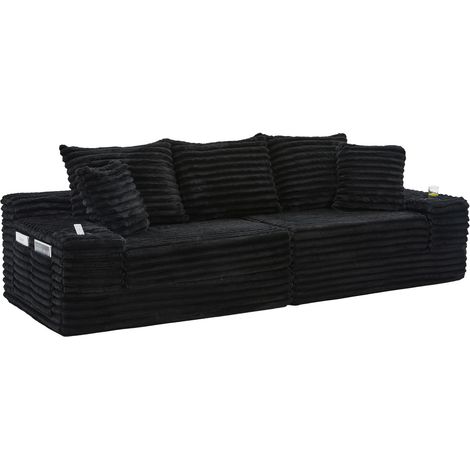 Canapé en velours côtelé noir avec dossier haut, coussins supplémentaires, poches latérales et porte-gobelets, convertible en canapé-lit (1/5)