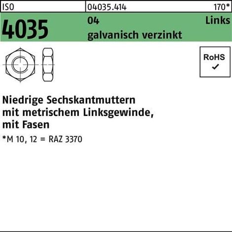 Écrou hexagonal ISO 4035 bas chanfrein gauche M10 Acier de décolletage galv. 100p.