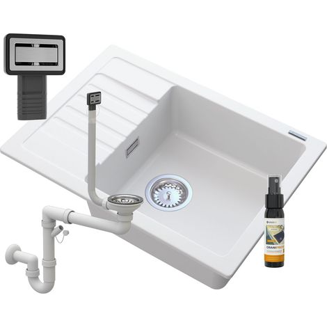 ÉVIER EN GRANIT BLANC ARGOS + SIPHON CARRÉ CHROMÉ (1/5)
