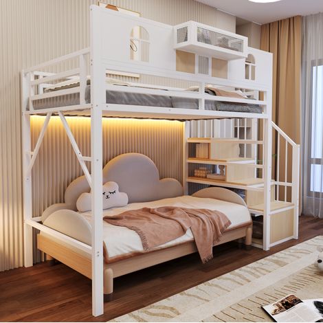 Lit mezzanine 255x95.5x187 cm blanc en métal et MDF avec escalier de rangement et éclairage (1/5)