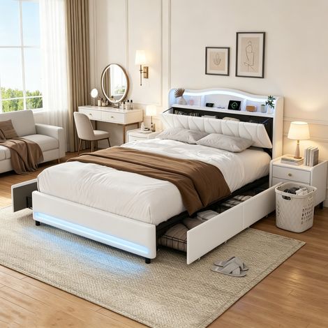 lit 140 x 200cm avec sommier, Grand lit 2 places, Tiroirs de rangement, avec port USB et LED, Chambre moderne, Beige, velours (1/5)