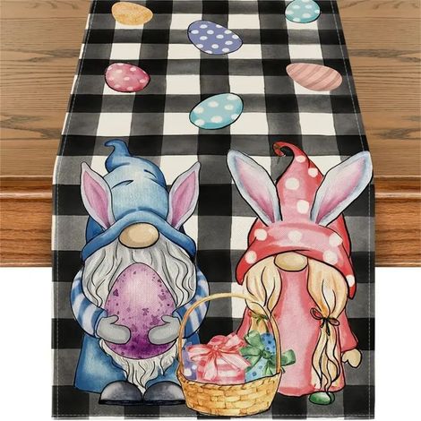 Runner De Table - Motif Lapin Et Gnome - Plaid Noir Et Blanc - Pour Décoration De Pâques - 33 X 183 Cm - Lin Polyester - 1 Pièce (1/5)