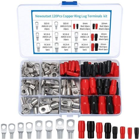 Kit de 120 cosses à anneau M6/M8 – Cuivre étamé pour conductivité optimale – Gaines thermorétractables – Applications électriques variées (1/5)