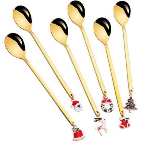 (oder) Teelöffel – Weihnachten – Edelstahl – 6 Stück – Dekorative Anhänger – Goldfarben (1/4)
